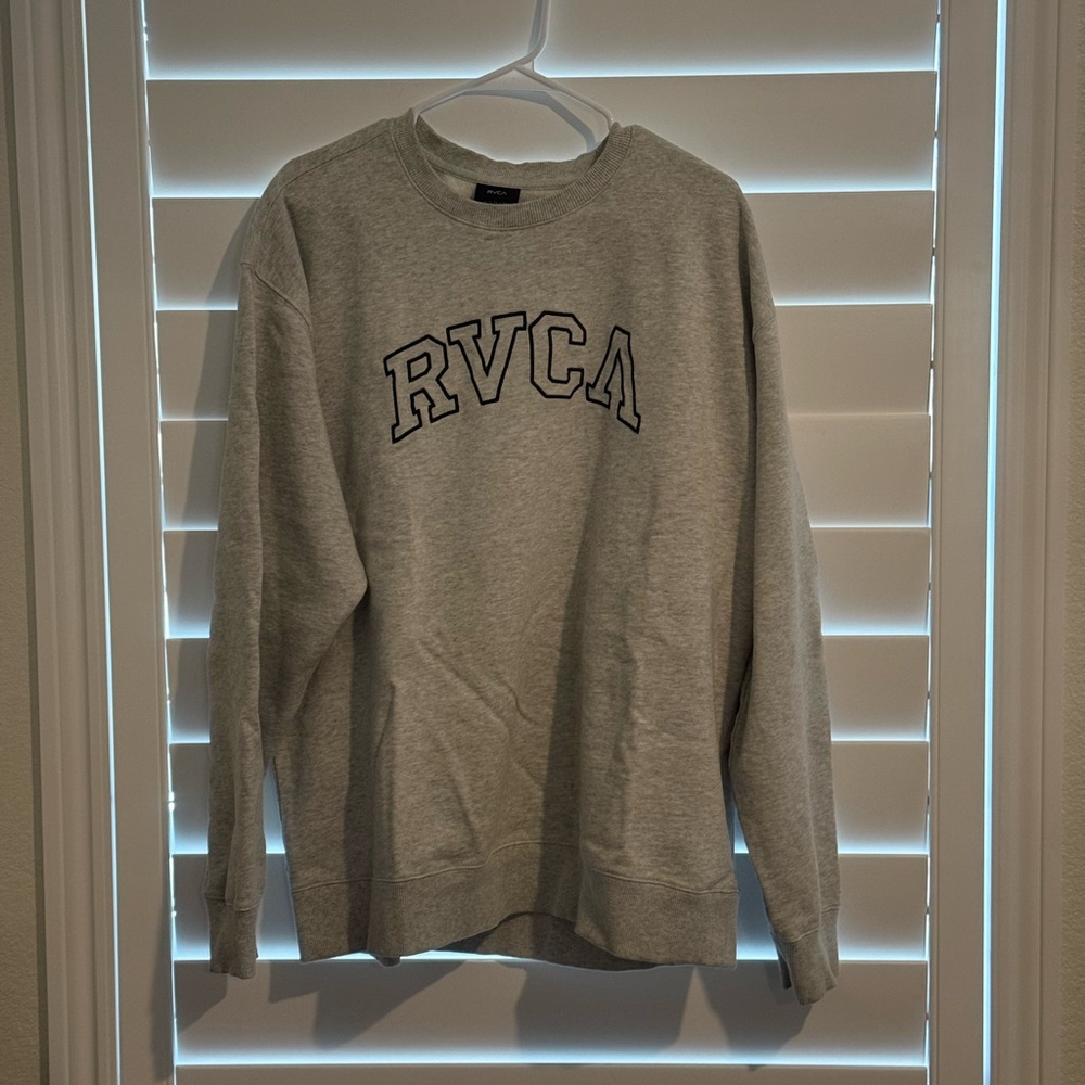RVCA Light Gray Crewneck Sweater Navy Blue Stitched In Logo